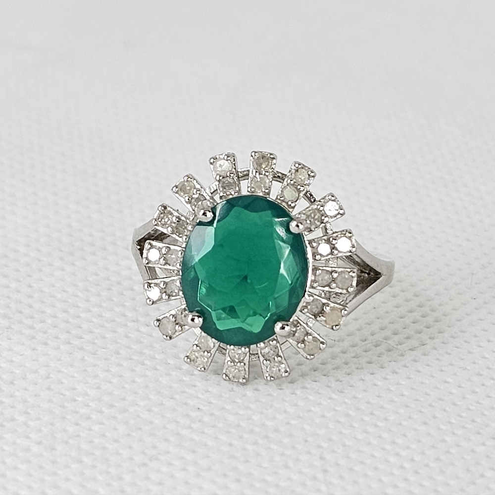 Exotic Natural Paraiba Blue Opal & Diamond Ring Sterling Silver Size 8